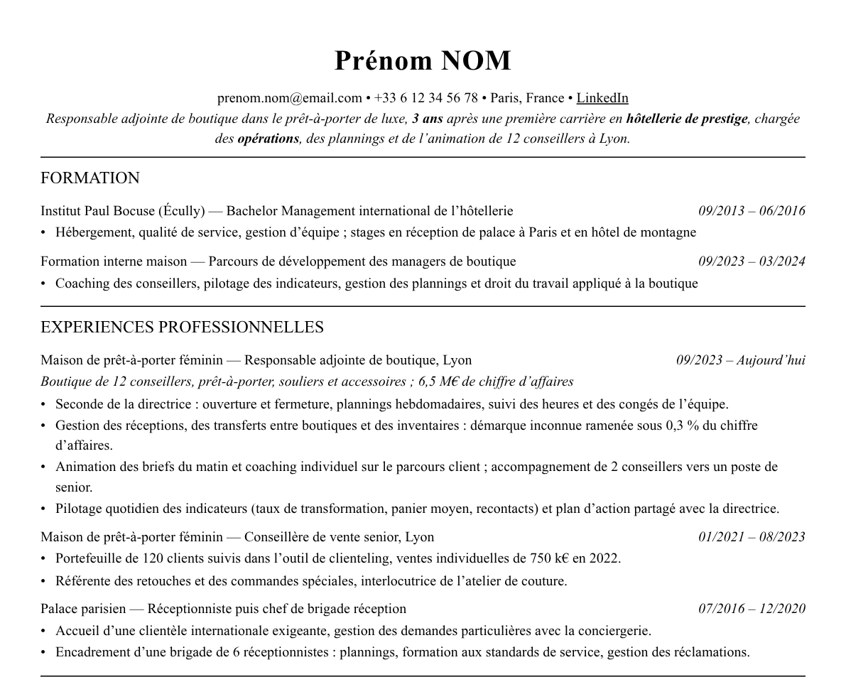 Aperçu : Exemple de CV Responsable adjoint de boutique