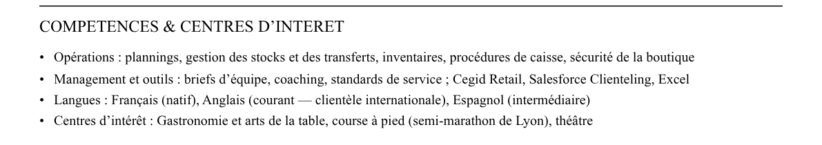CV responsable adjoint de boutique : compétences et centres d’intérêt