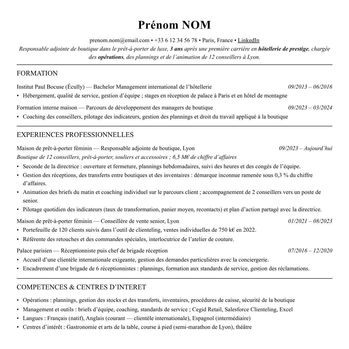 CV responsable adjoint de boutique complet sur une page