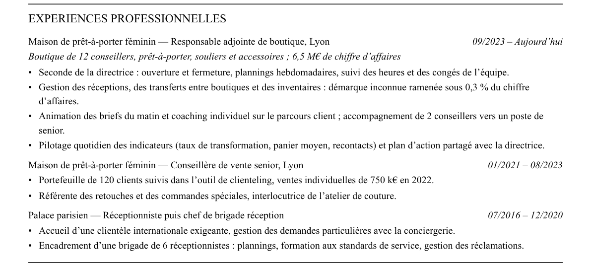 CV responsable adjoint de boutique : expériences