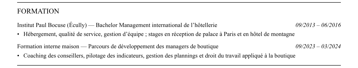 CV responsable adjoint de boutique : formation