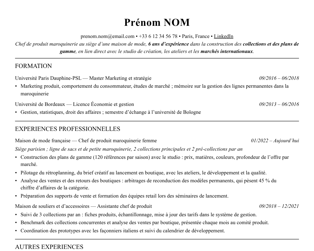 Aperçu : Exemple de CV Chef de produit luxe
