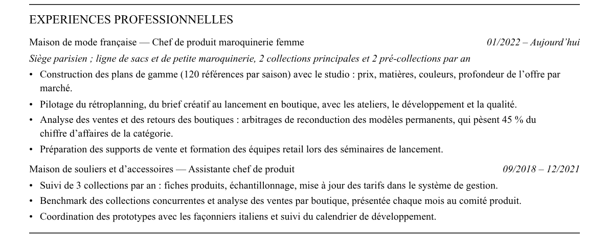 CV chef de produit luxe : expériences