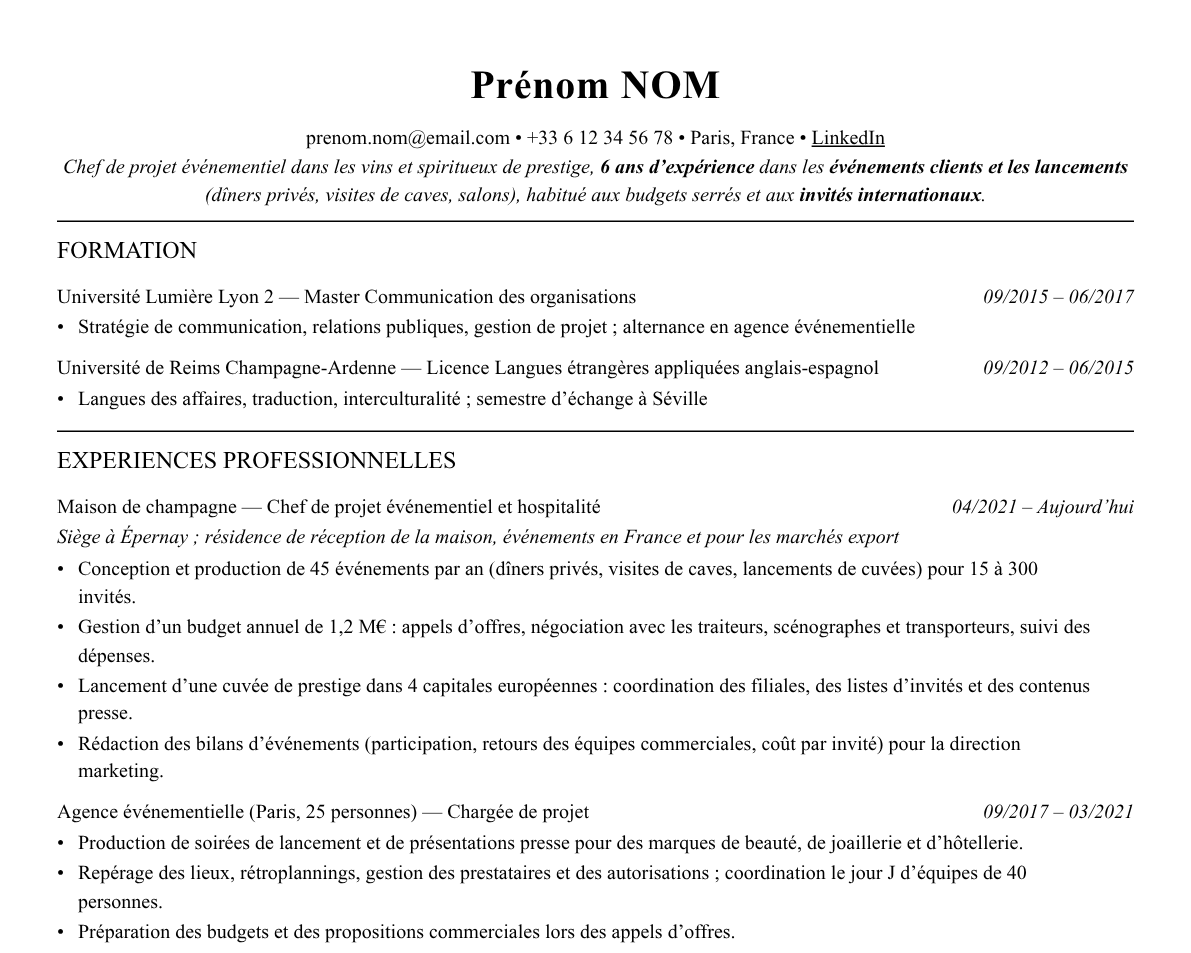 Aperçu : Exemple de CV Chef de projet événementiel luxe