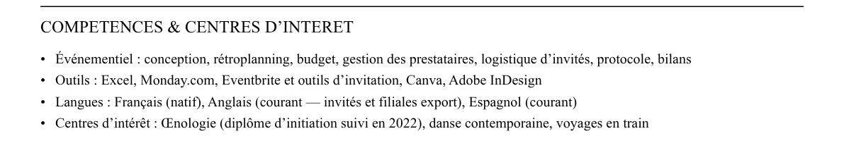 CV chef de projet événementiel luxe : compétences et centres d’intérêt