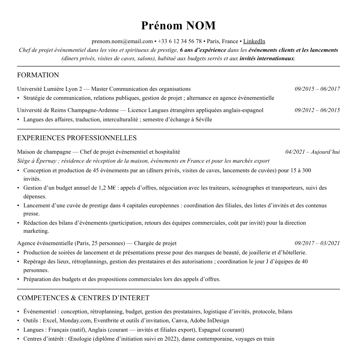CV chef de projet événementiel luxe complet sur une page