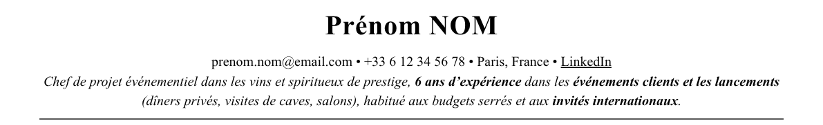 CV chef de projet événementiel luxe : en-tête et accroche