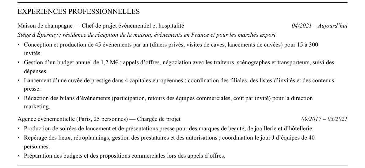 CV chef de projet événementiel luxe : expériences