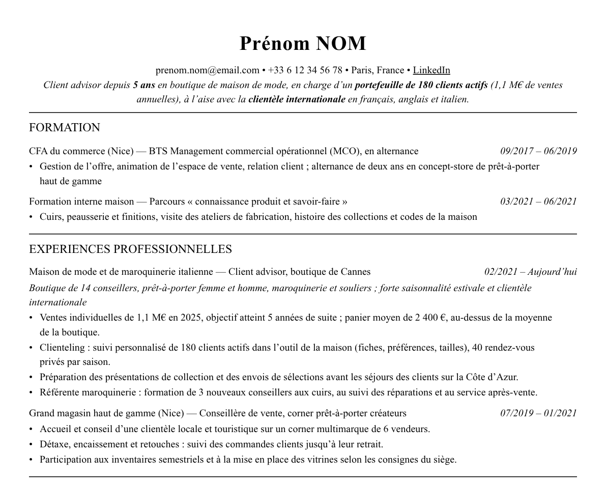 Aperçu : Exemple de CV Conseiller de vente (client advisor)
