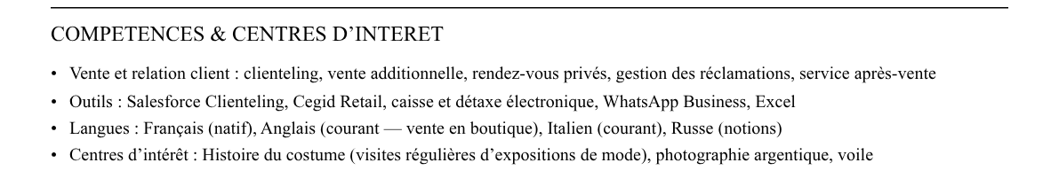 CV conseiller de vente (client advisor) : compétences et centres d’intérêt