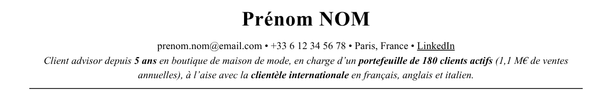 CV conseiller de vente (client advisor) : en-tête et accroche