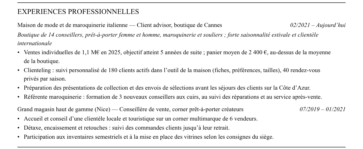 CV conseiller de vente (client advisor) : expériences
