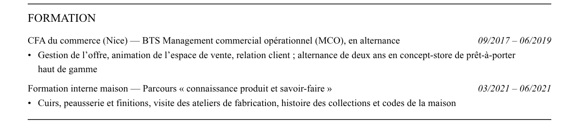 CV conseiller de vente (client advisor) : formation