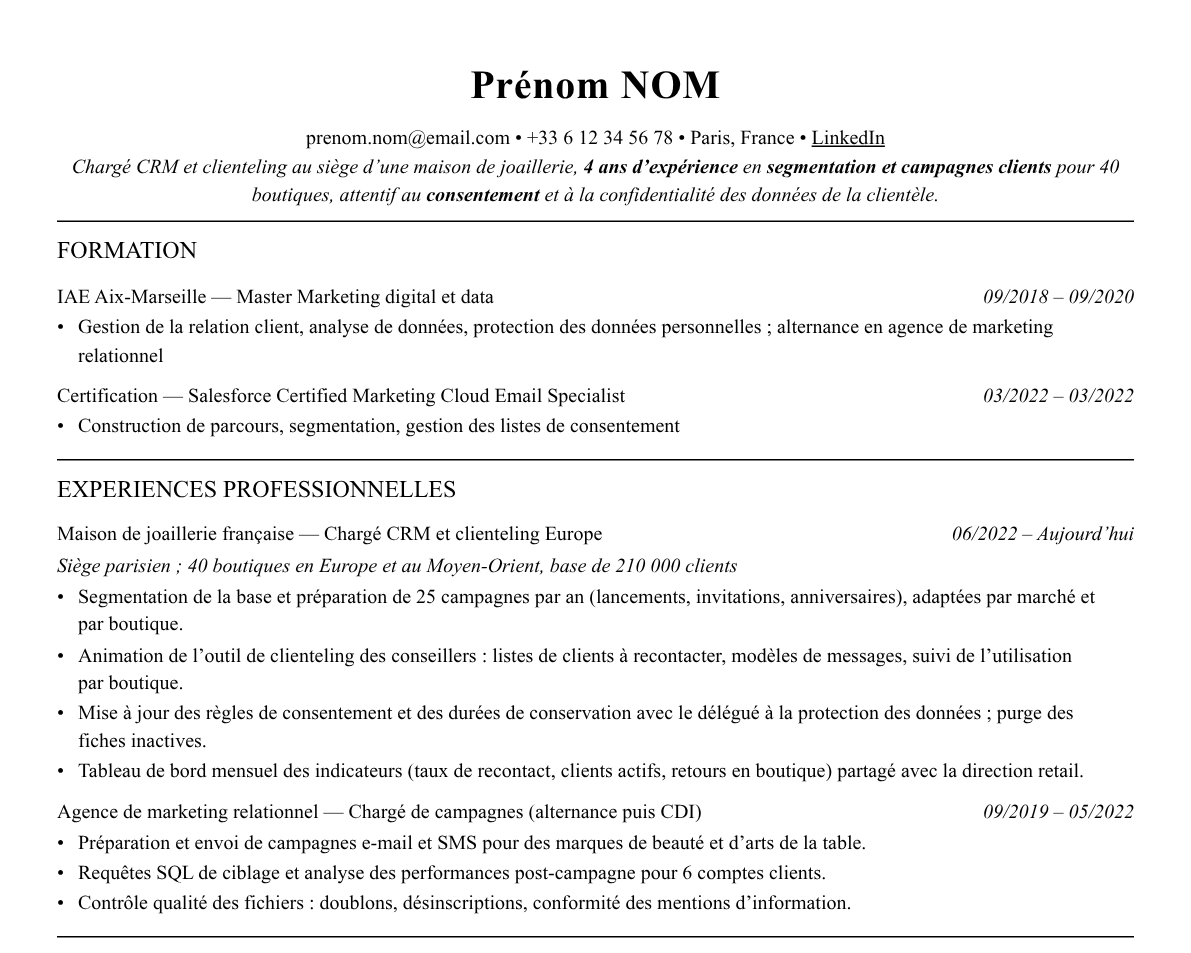 Aperçu : Exemple de CV Chargé CRM et clienteling