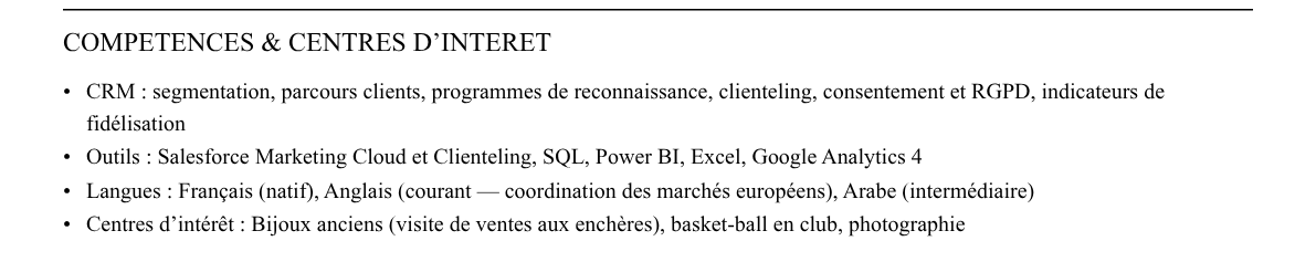 CV chargé crm et clienteling : compétences et centres d’intérêt