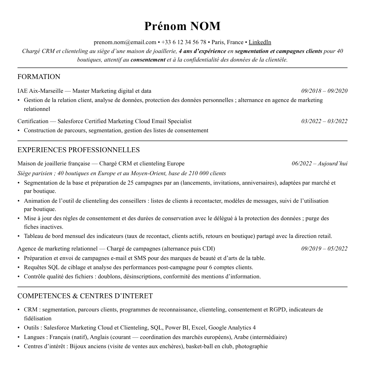 CV chargé crm et clienteling complet sur une page