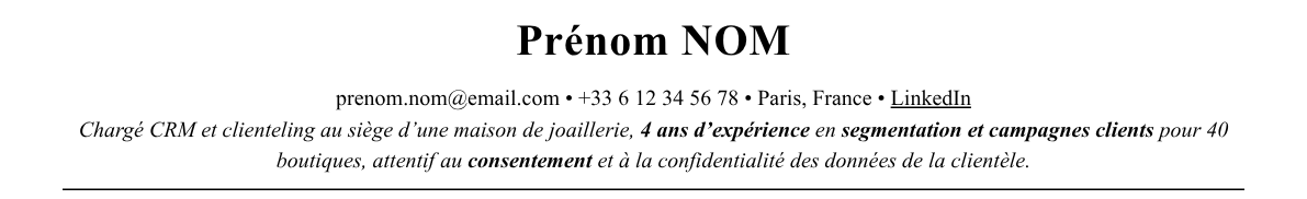 CV chargé crm et clienteling : en-tête et accroche