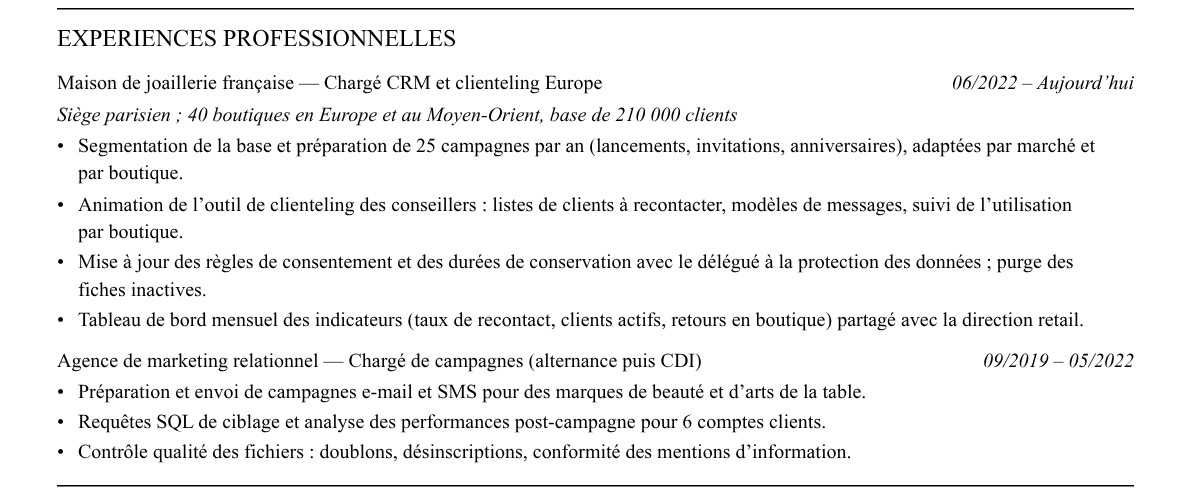 CV chargé crm et clienteling : expériences