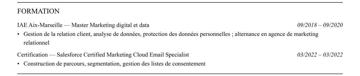 CV chargé crm et clienteling : formation