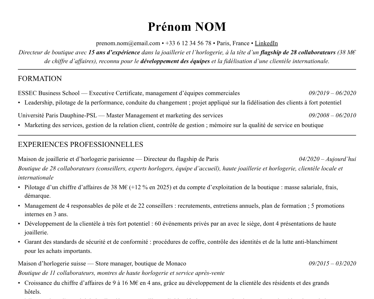 Aperçu : Exemple de CV Directeur de boutique