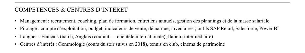 CV directeur de boutique : compétences et centres d’intérêt