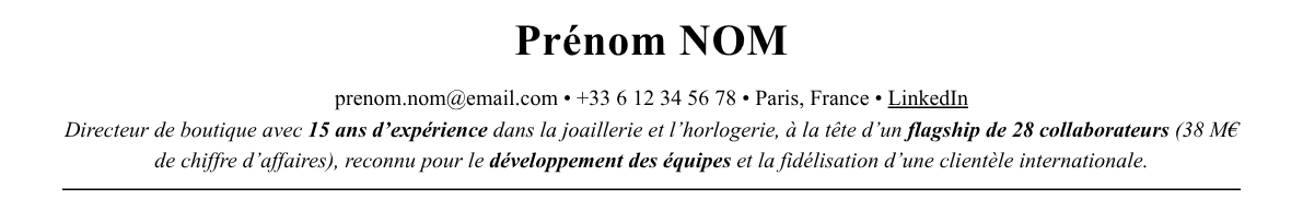 CV directeur de boutique : en-tête et accroche