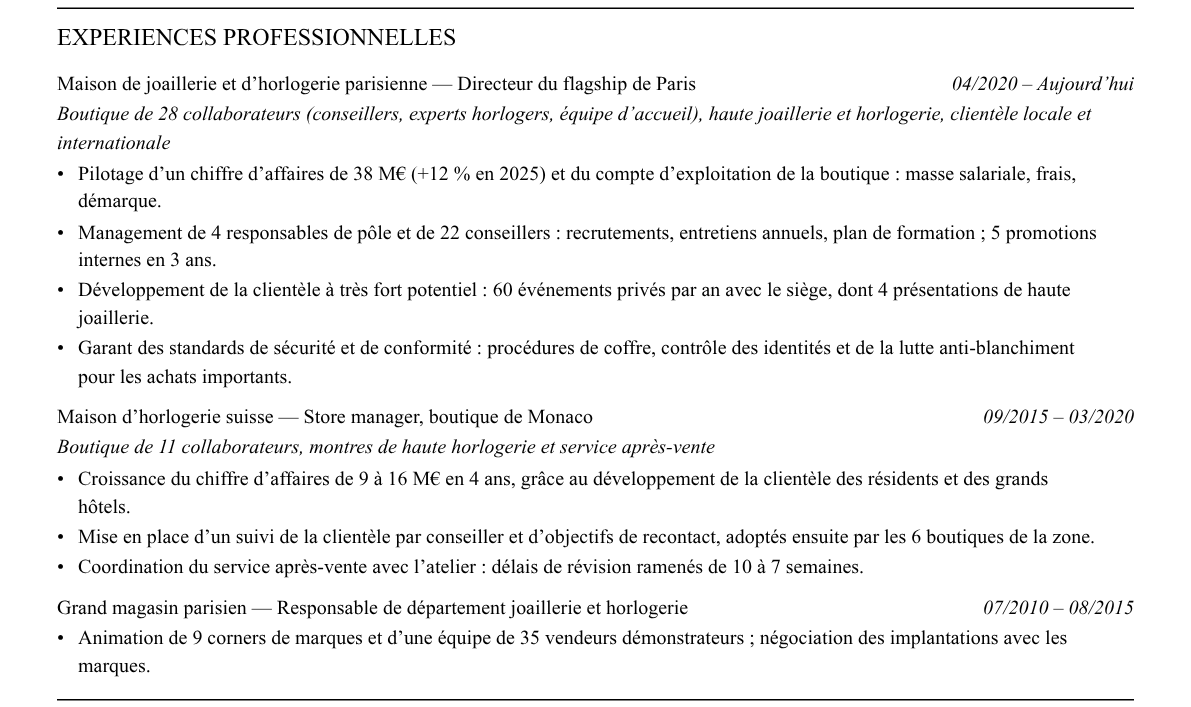 CV directeur de boutique : expériences