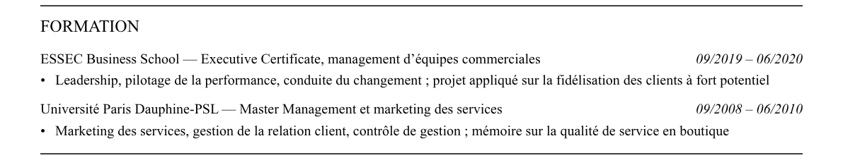 CV directeur de boutique : formation