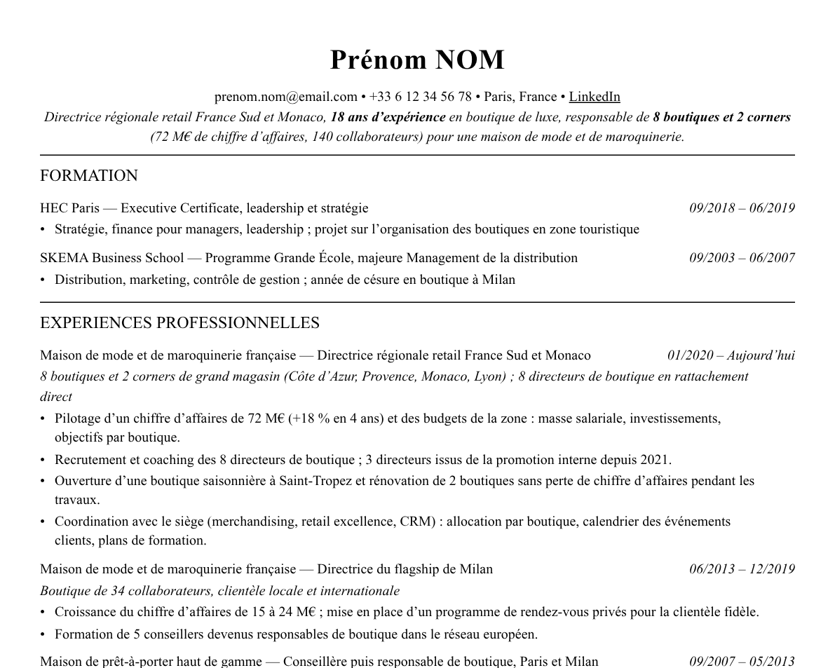 Aperçu : Exemple de CV Directeur régional retail