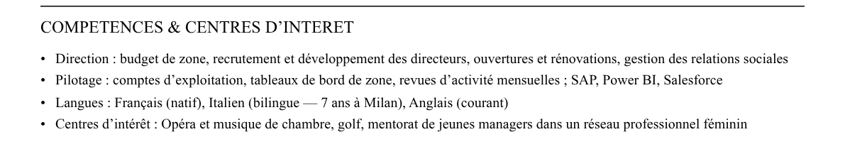 CV directeur régional retail : compétences et centres d’intérêt