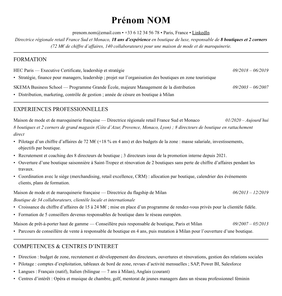CV directeur régional retail complet sur une page