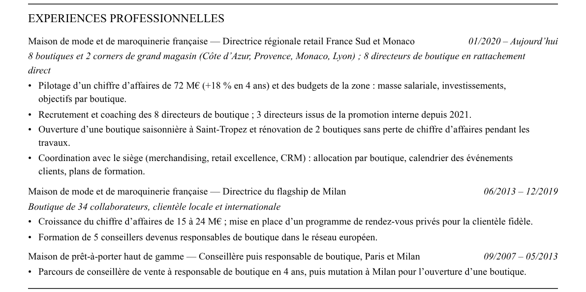CV directeur régional retail : expériences