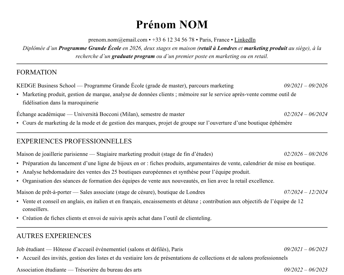 Aperçu : Exemple de CV Jeune diplômé luxe (graduate program)