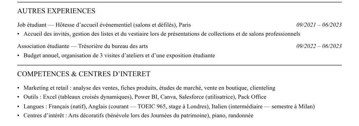 CV jeune diplômé luxe (graduate program) : compétences et centres d’intérêt