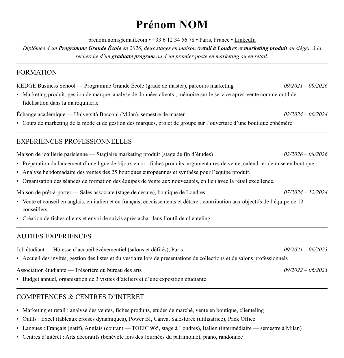 CV jeune diplômé luxe (graduate program) complet sur une page
