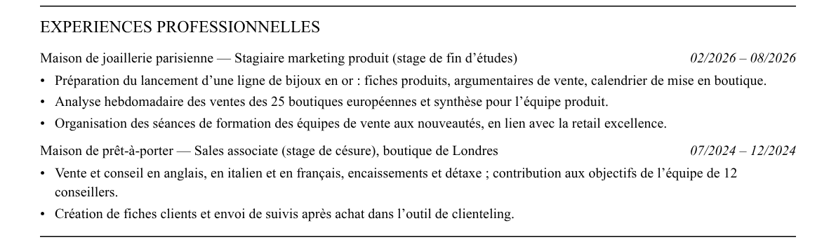 CV jeune diplômé luxe (graduate program) : expériences