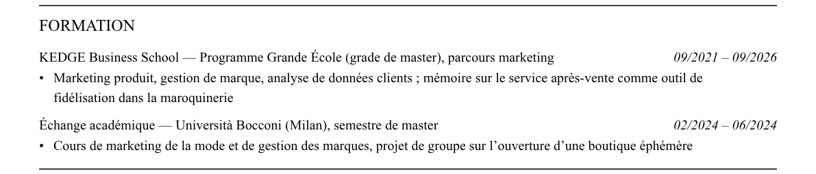 CV jeune diplômé luxe (graduate program) : formation
