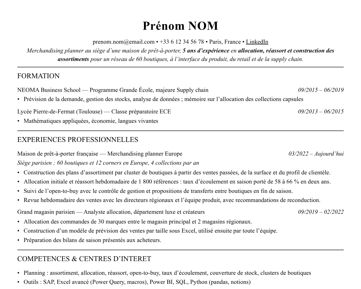 Aperçu : Exemple de CV Merchandising planner