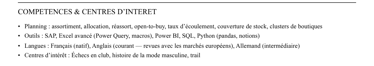 CV merchandising planner : compétences et centres d’intérêt