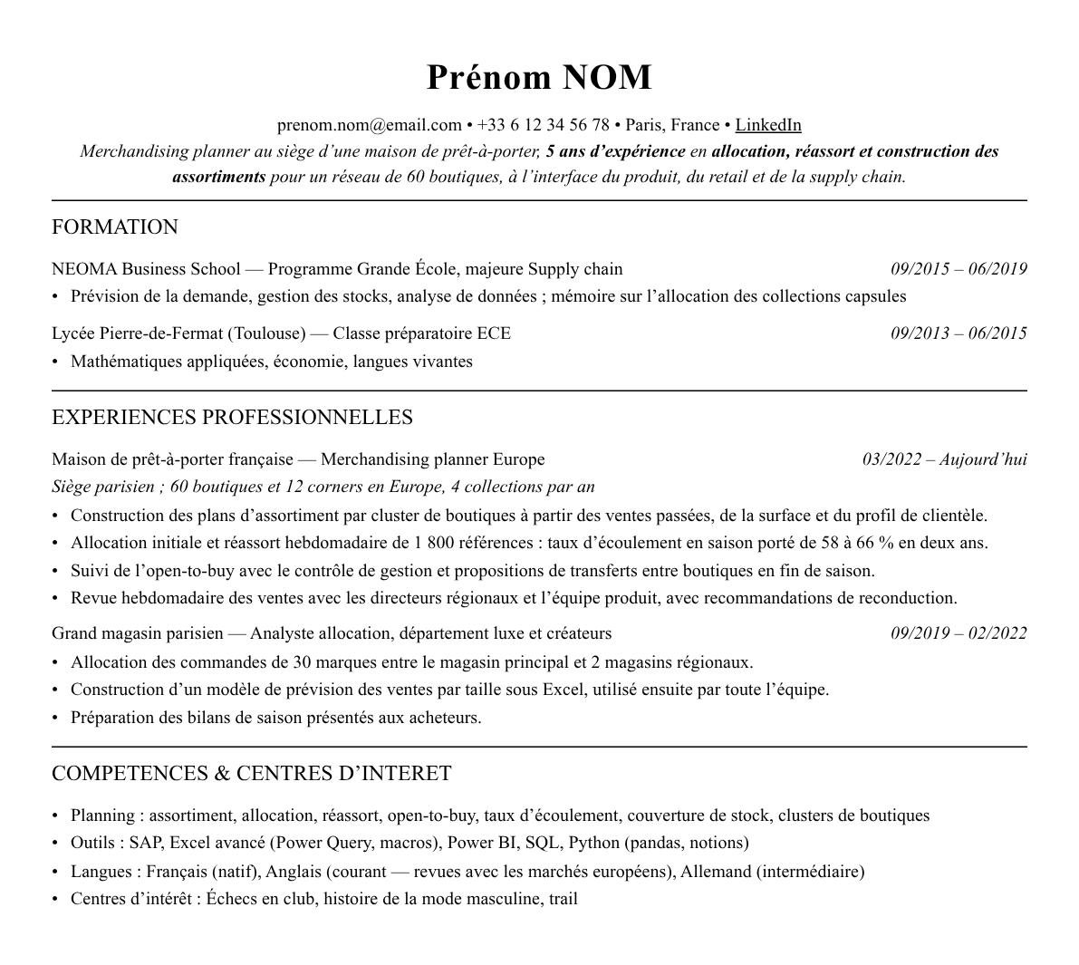 CV merchandising planner complet sur une page