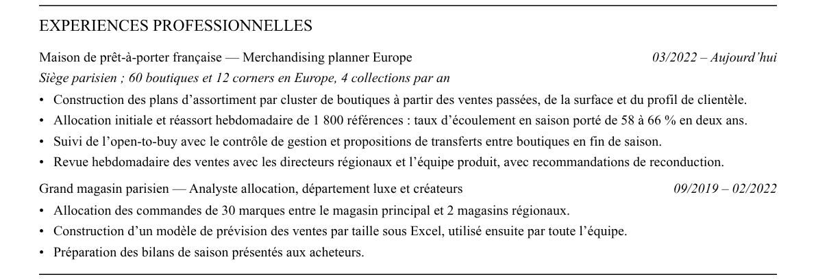 CV merchandising planner : expériences