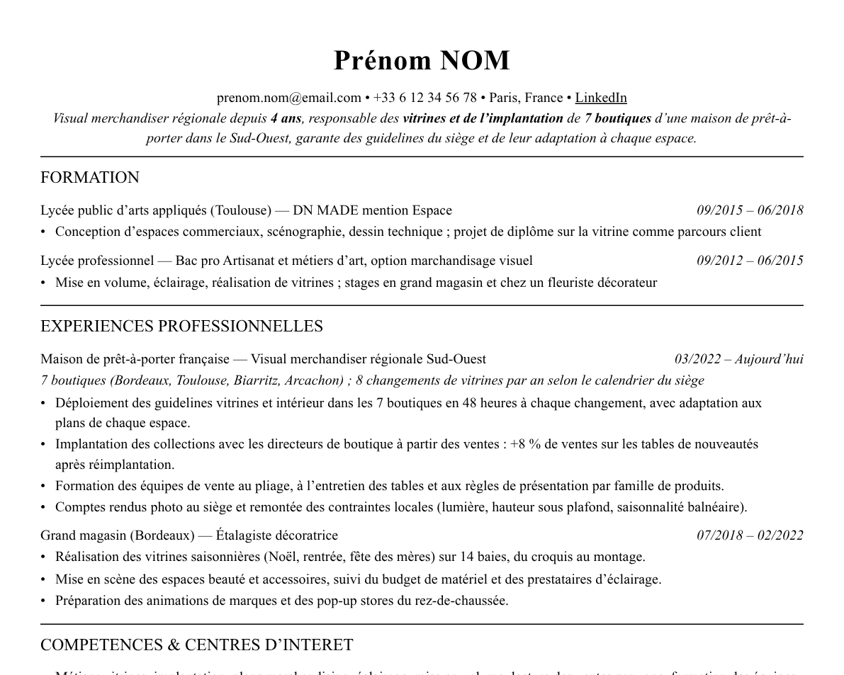 Aperçu : Exemple de CV Visual merchandiser luxe