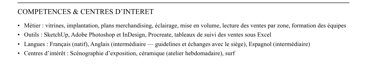 CV visual merchandiser luxe : compétences et centres d’intérêt