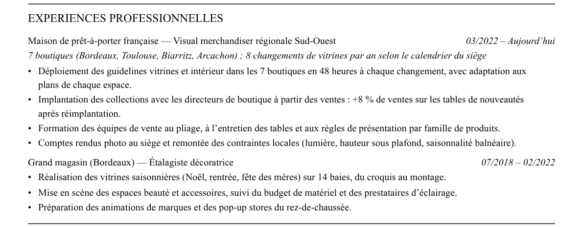 CV visual merchandiser luxe : expériences