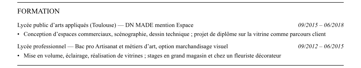 CV visual merchandiser luxe : formation